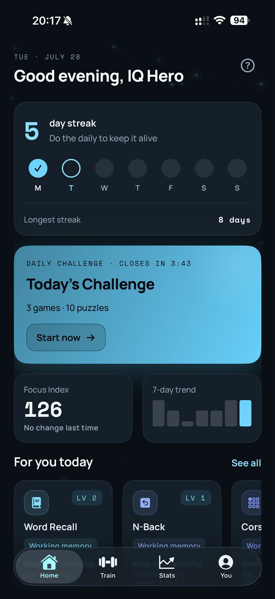 NEURA home screen: a day-streak row, today’s challenge of three games, and the Focus Index beside its seven-day trend.