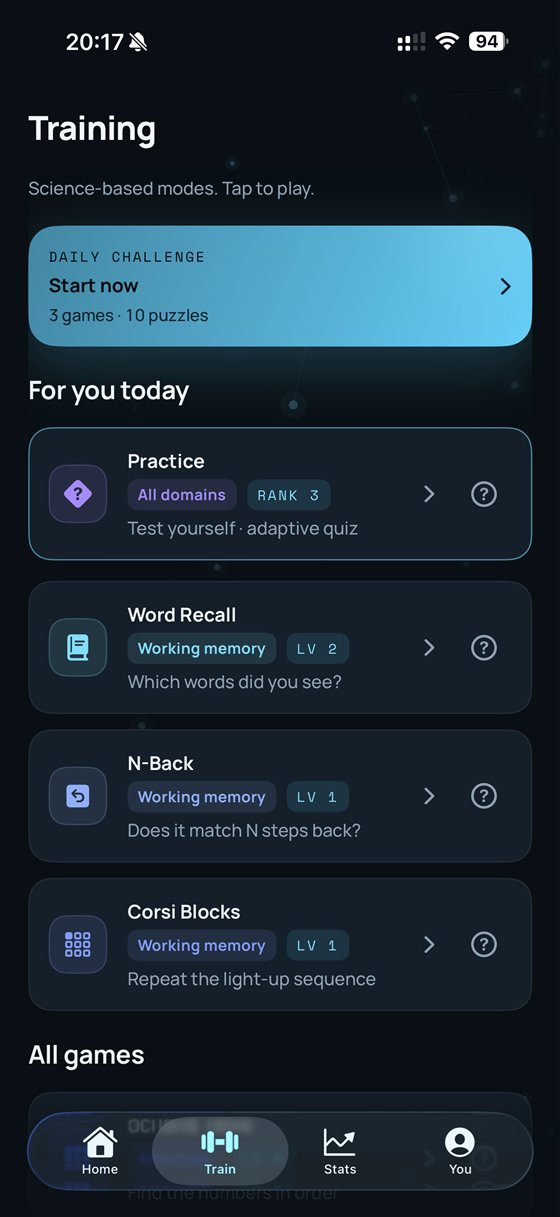 NEURA training tab: Practice, Word Recall, N-Back and Corsi Blocks, each tagged with the cognitive domain it trains.